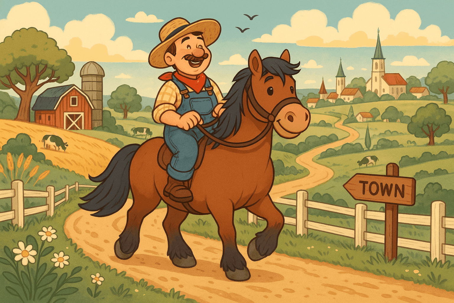 Cartoon illustration of a cheerful farmer in overalls riding a large brown horse along a country dirt road into town, passing red barn and silos, town buildings visible in distance, countryside landscape with rolling hills and wheat fields in cream, dark blue-gray, sage green, yellow, and bright red colors