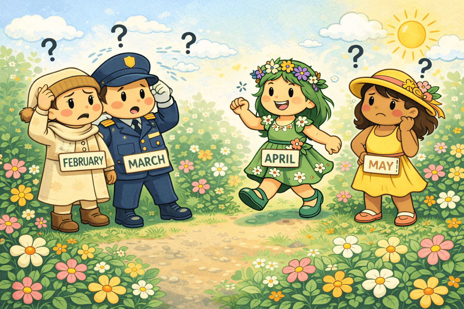 Cartoon calendar months as characters with February looking at March and April with May