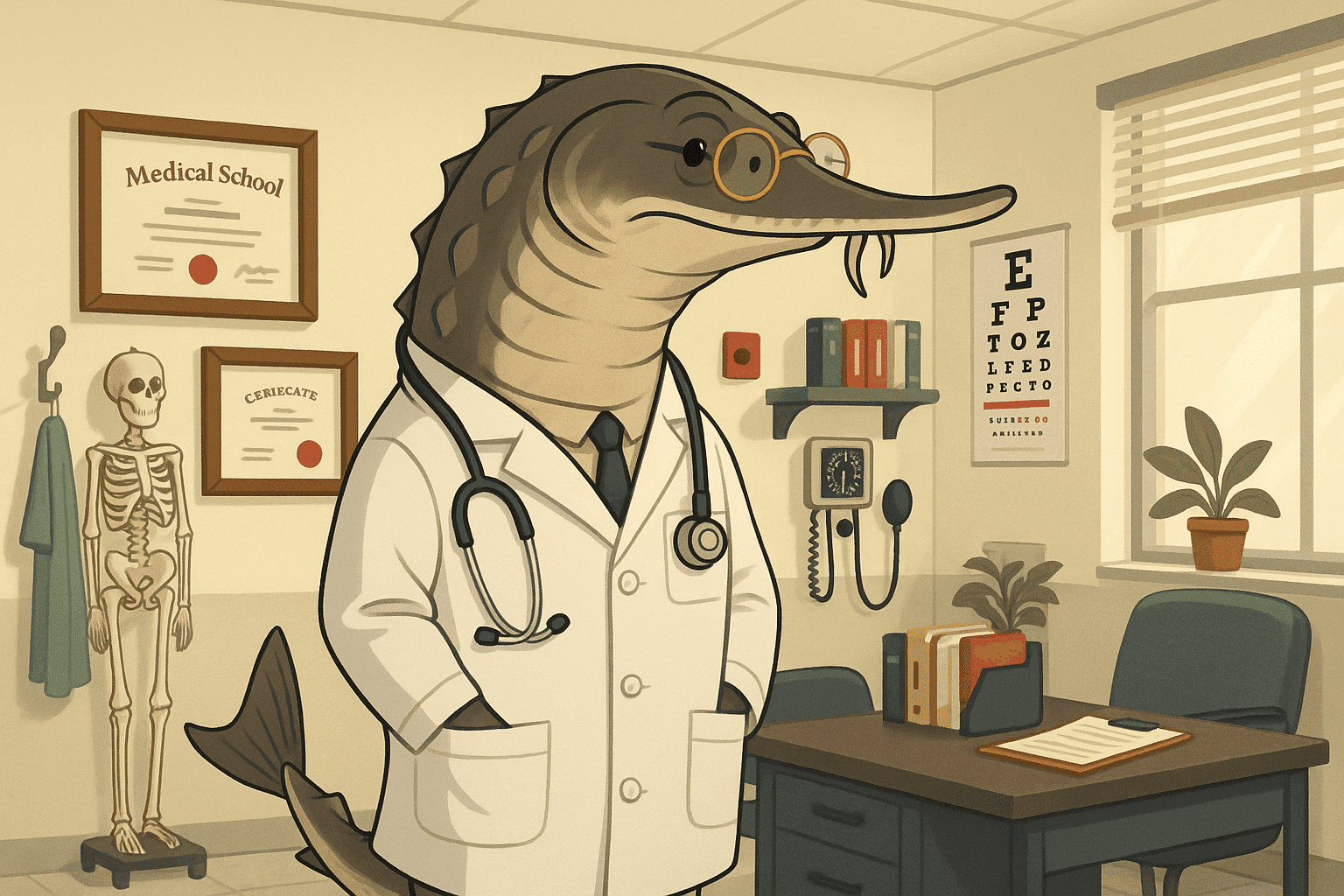 Cartoon illustration of a dignified sturgeon fish wearing a white doctor's coat, stethoscope around neck, and small glasses, standing in a modern medical office or hospital exam room with medical charts on wall, skeleton model, desk with clipboard and medical equipment, diplomas framed on walls in cream, dark blue-gray, sage green, yellow, and bright red colors