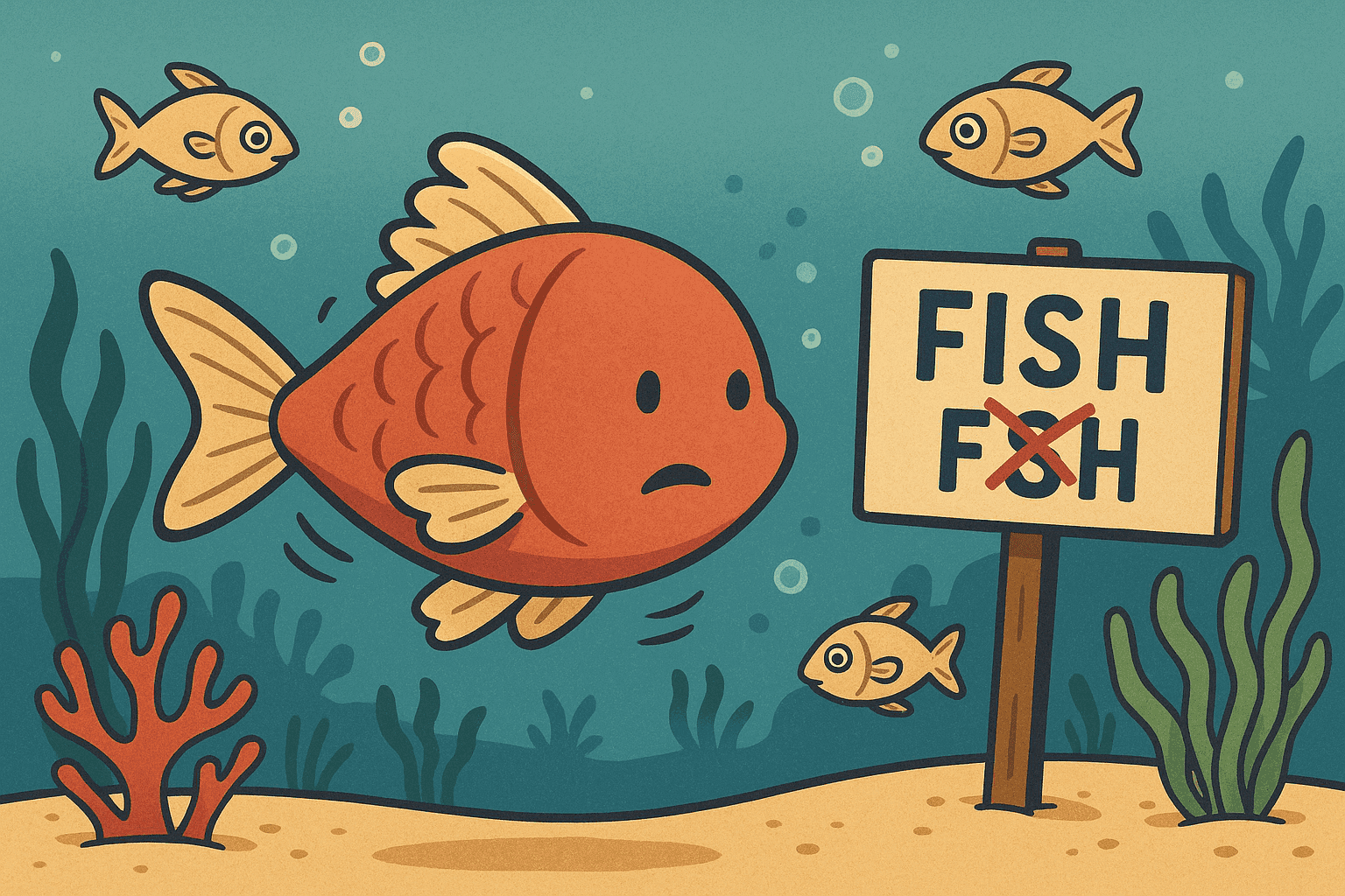 A cartoon fish swimming underwater with no eyes visible on its face, looking confused, while a sign nearby spells out both 'FISH' and 'FSH' showing the visual pun about missing eyes and letters