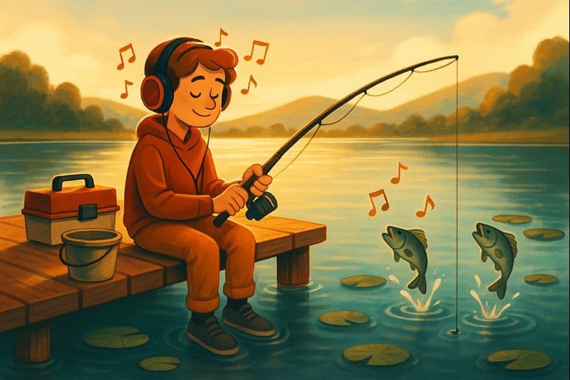 A cartoon person fishing while wearing headphones with musical notes floating around