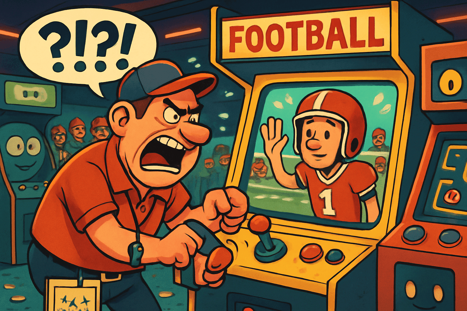 A cartoon football coach with a whistle talking to arcade game machines in an arcade