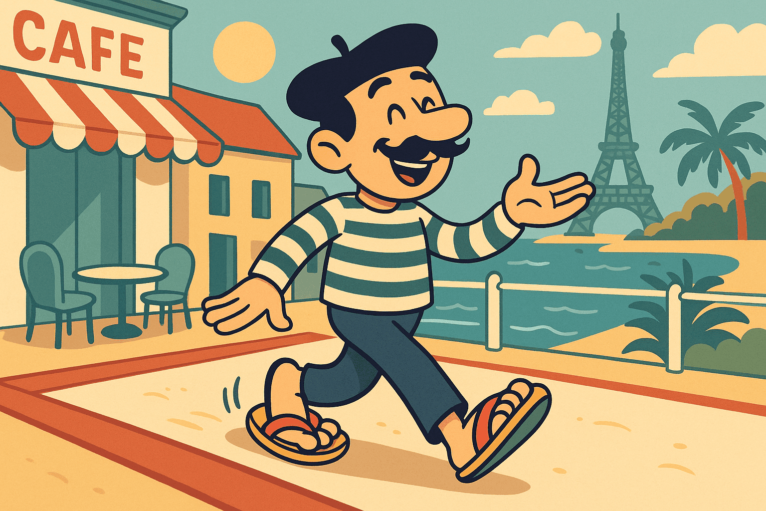 A humorous cartoon illustration of a cheerful French man with a beret and striped shirt walking along a sunny beach boardwalk wearing flip-flop sandals, with the Eiffel Tower visible in the background