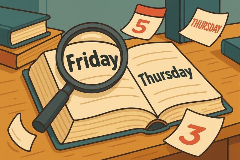 A cartoon dictionary opened to show Friday listed before Thursday alphabetically