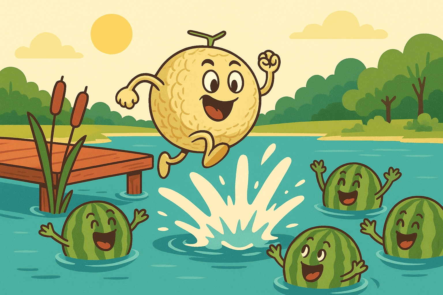 A cartoon melon with a determined expression mid-jump into a sparkling lake, with other watermelons in the water cheering and welcoming it, set in a sunny lakeside scene with trees and blue water