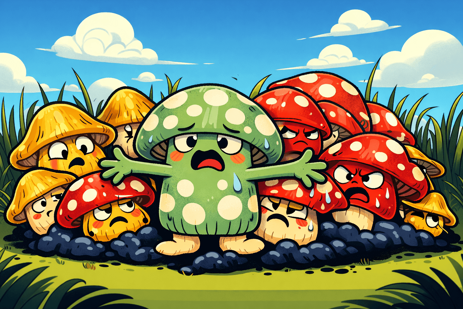 Cartoon mushrooms growing crowded together in a tiny space