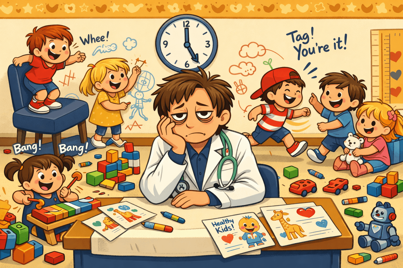 A cartoon pediatrician looking frustrated while surrounded by small children patients