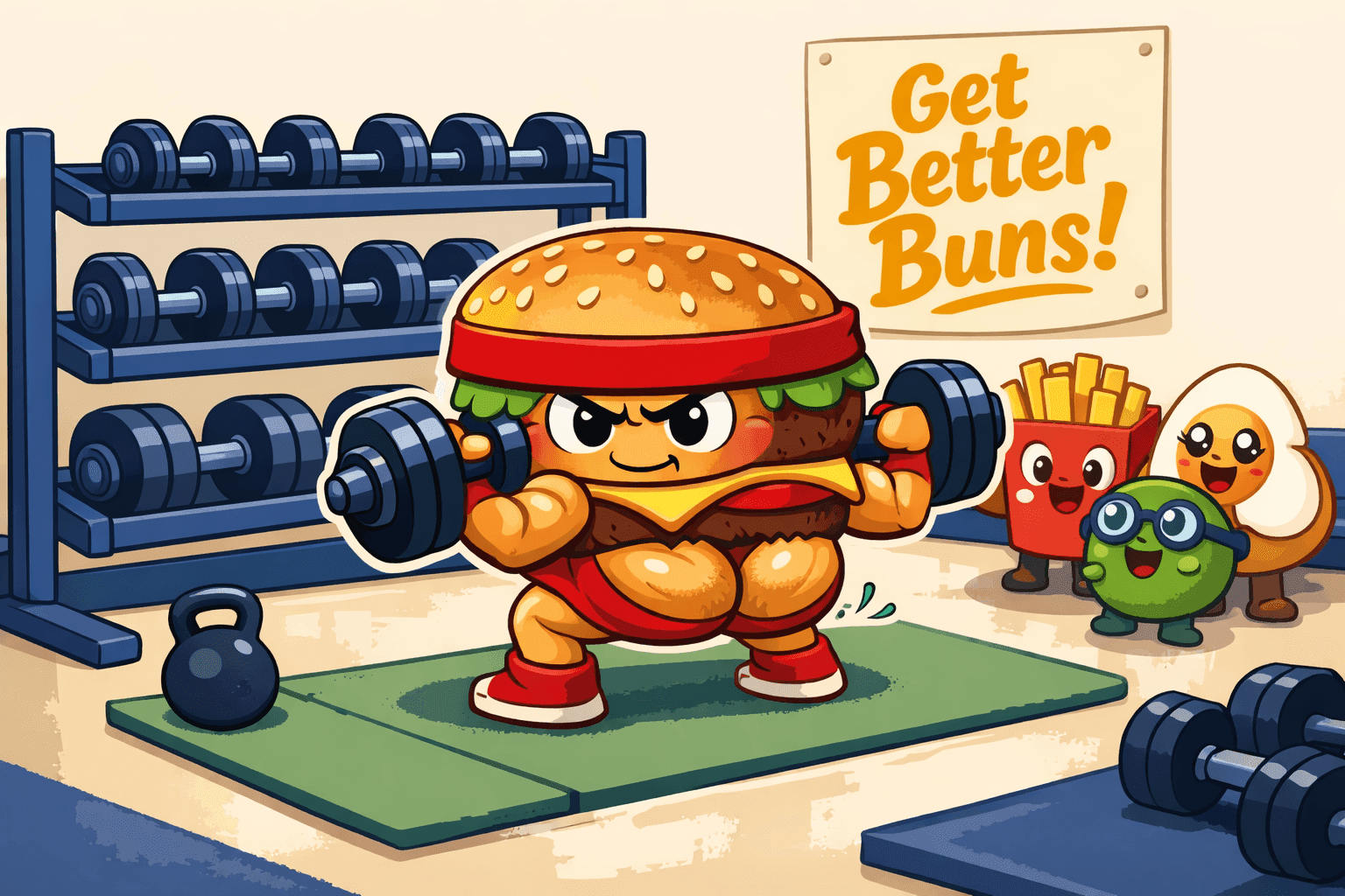 A cartoon hamburger lifting weights at a gym with muscular buns