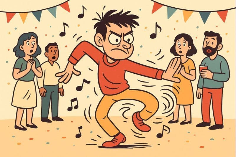 A cartoon person doing the hokey pokey dance moves with determination