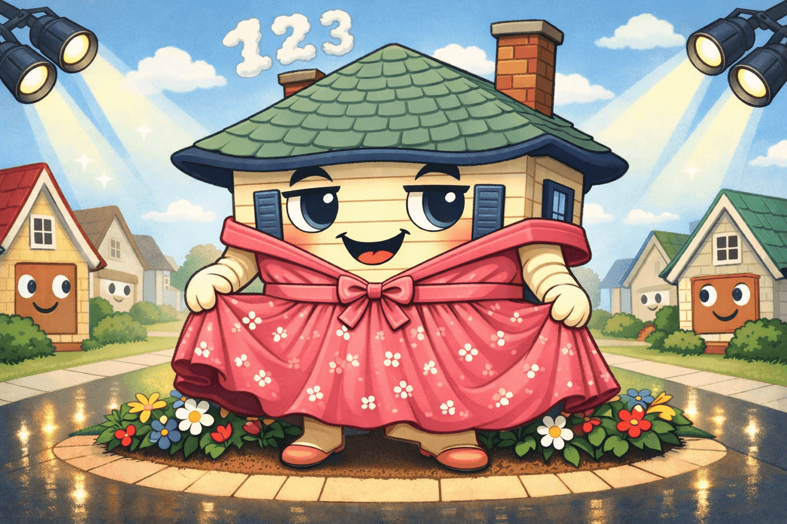 A cartoon house wearing a literal address like clothing with numbers