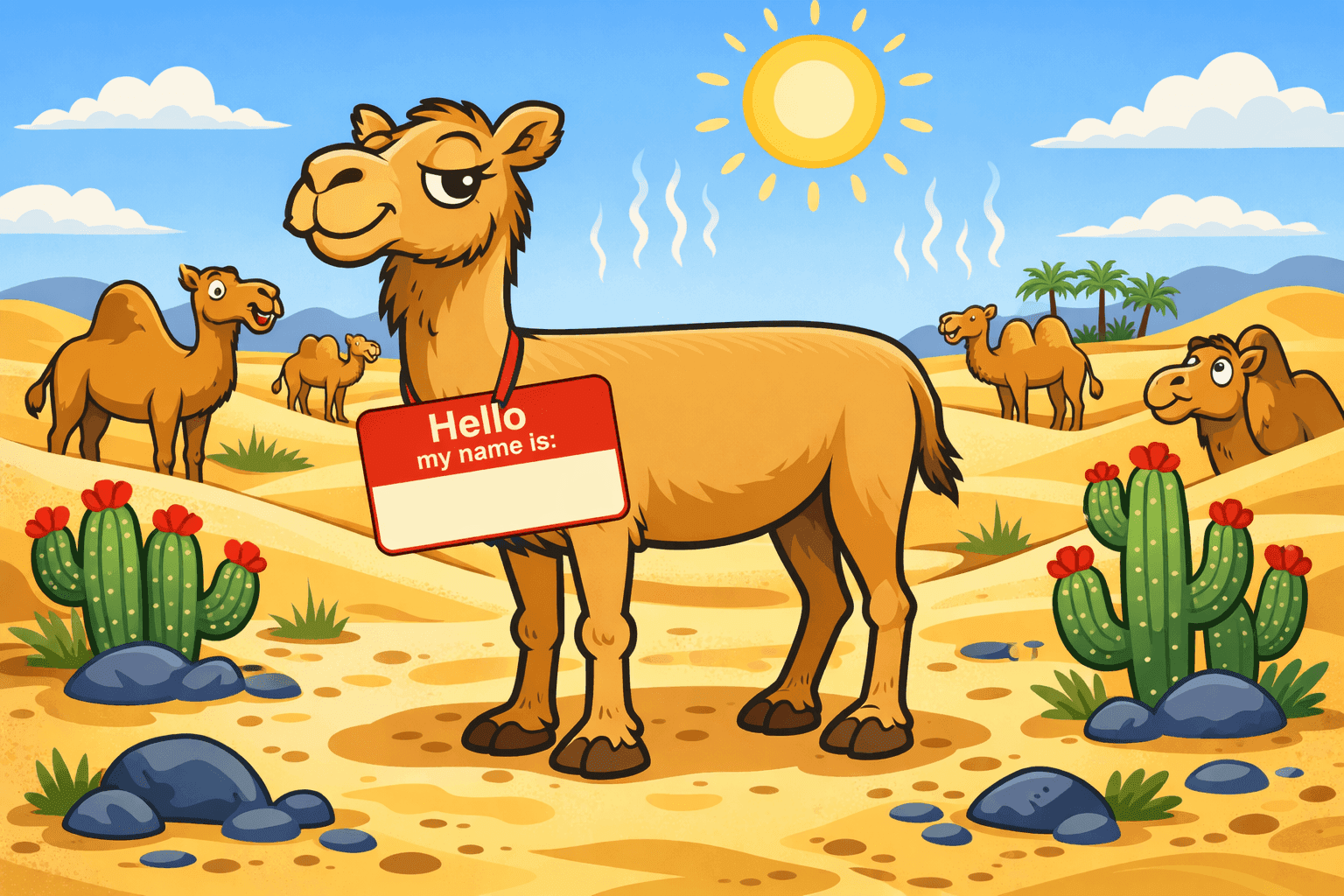 A cartoon camel with a flat back and no humps looking confident in the desert