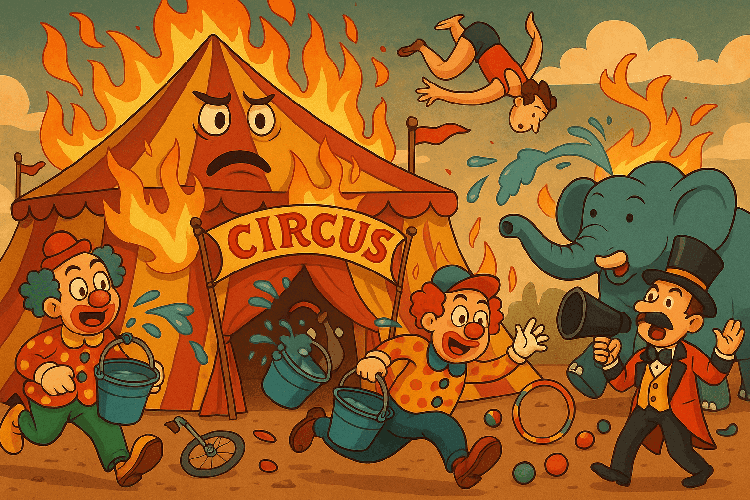 A cartoon circus tent with harmless cartoon flames and circus performers safely evacuating with smiles
