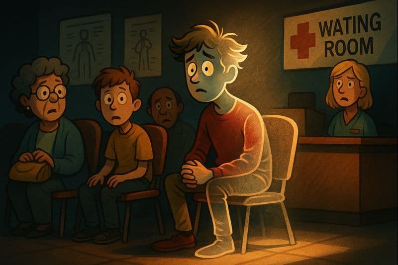 A transparent cartoon person sitting in a hospital waiting room becoming invisible