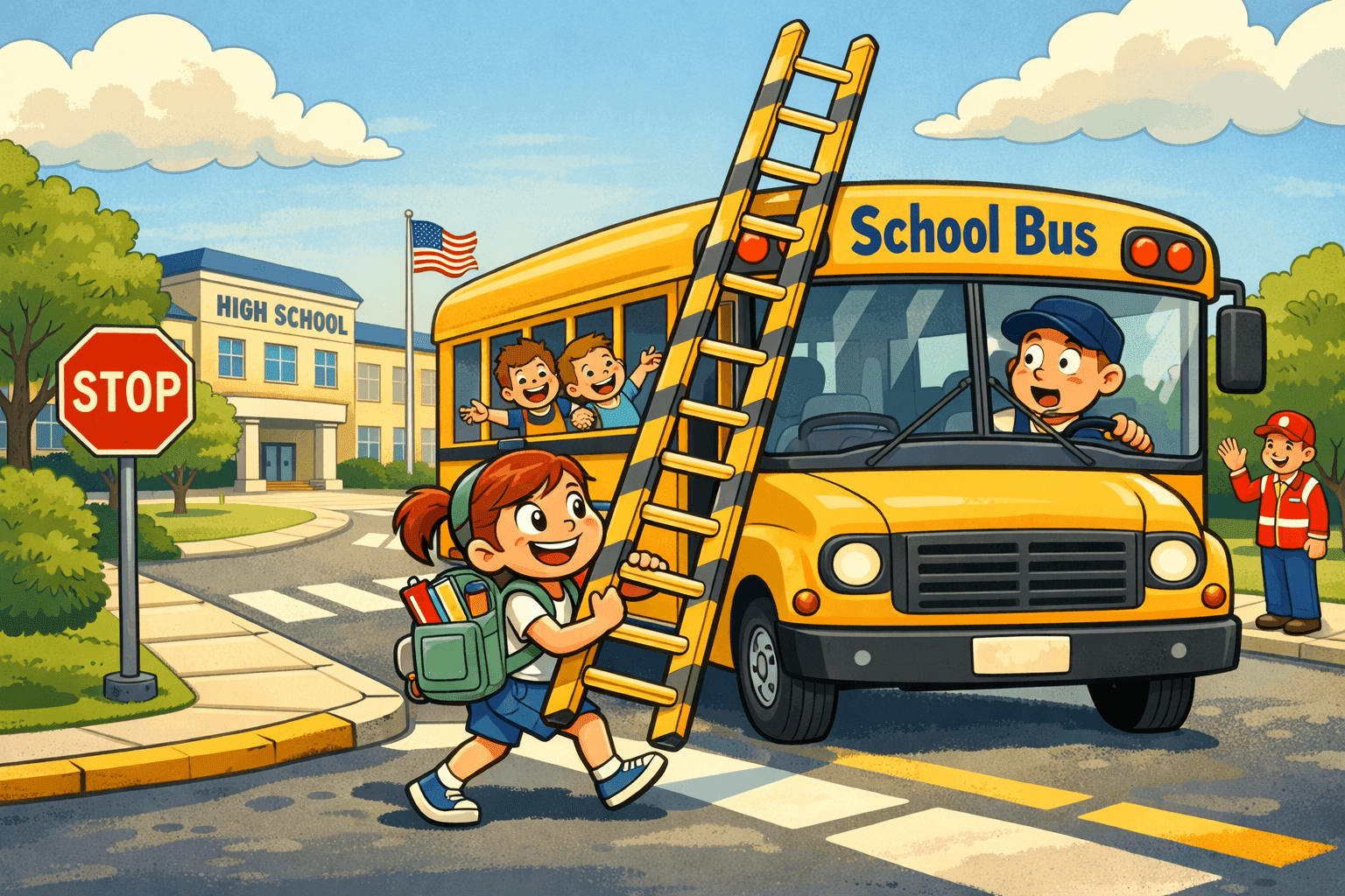 A cartoon girl carrying a ladder onto a school bus
