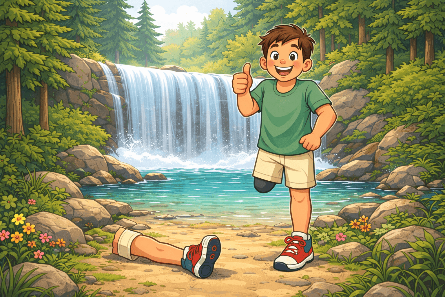 A cartoon person with one leg giving a thumbs up and looking positive