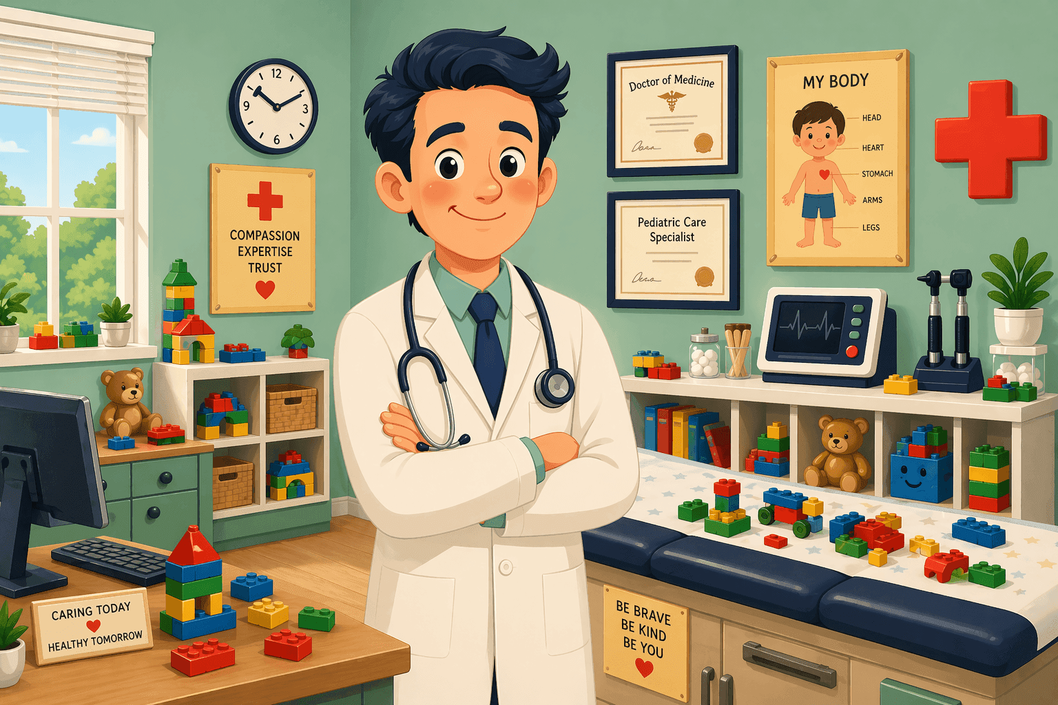 A cartoon doctor in a medical office with building blocks nearby