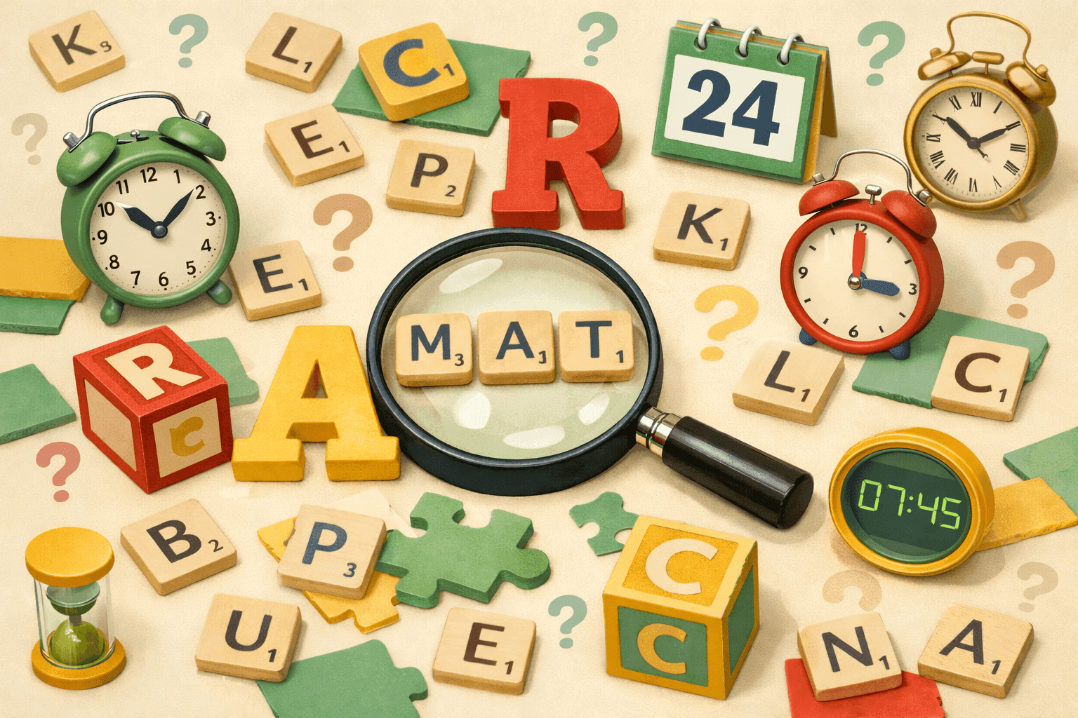 Letter tiles and blocks scattered on a table with time-related imagery