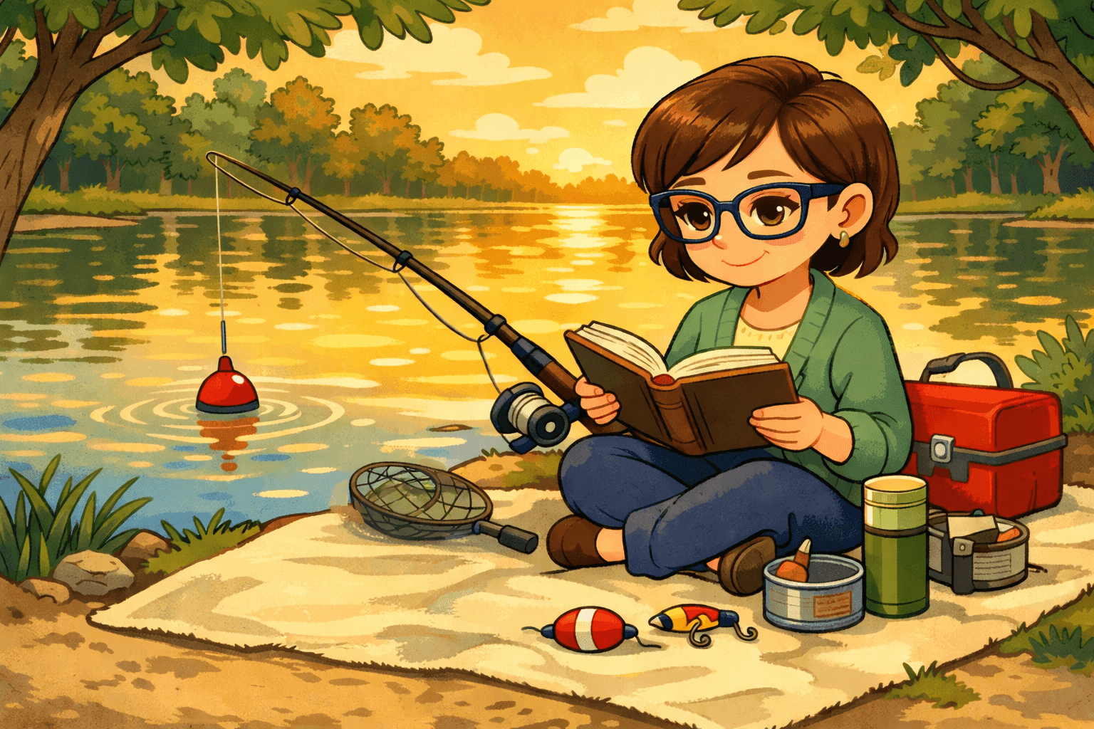 A cartoon librarian sitting by a lake with fishing gear and books