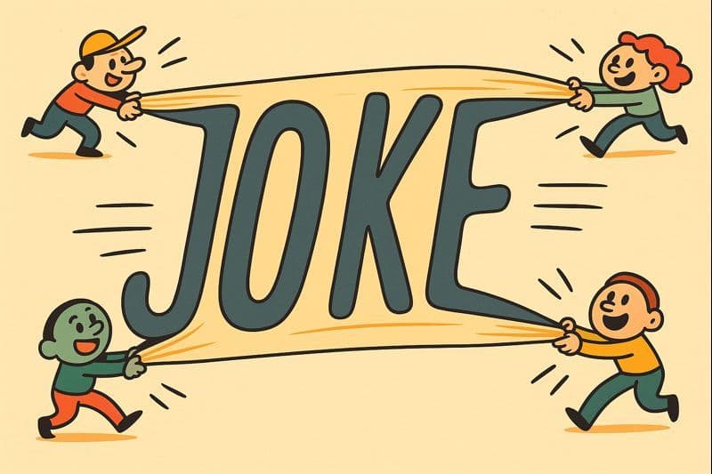 The word JOKE stretched out extremely long across the scene