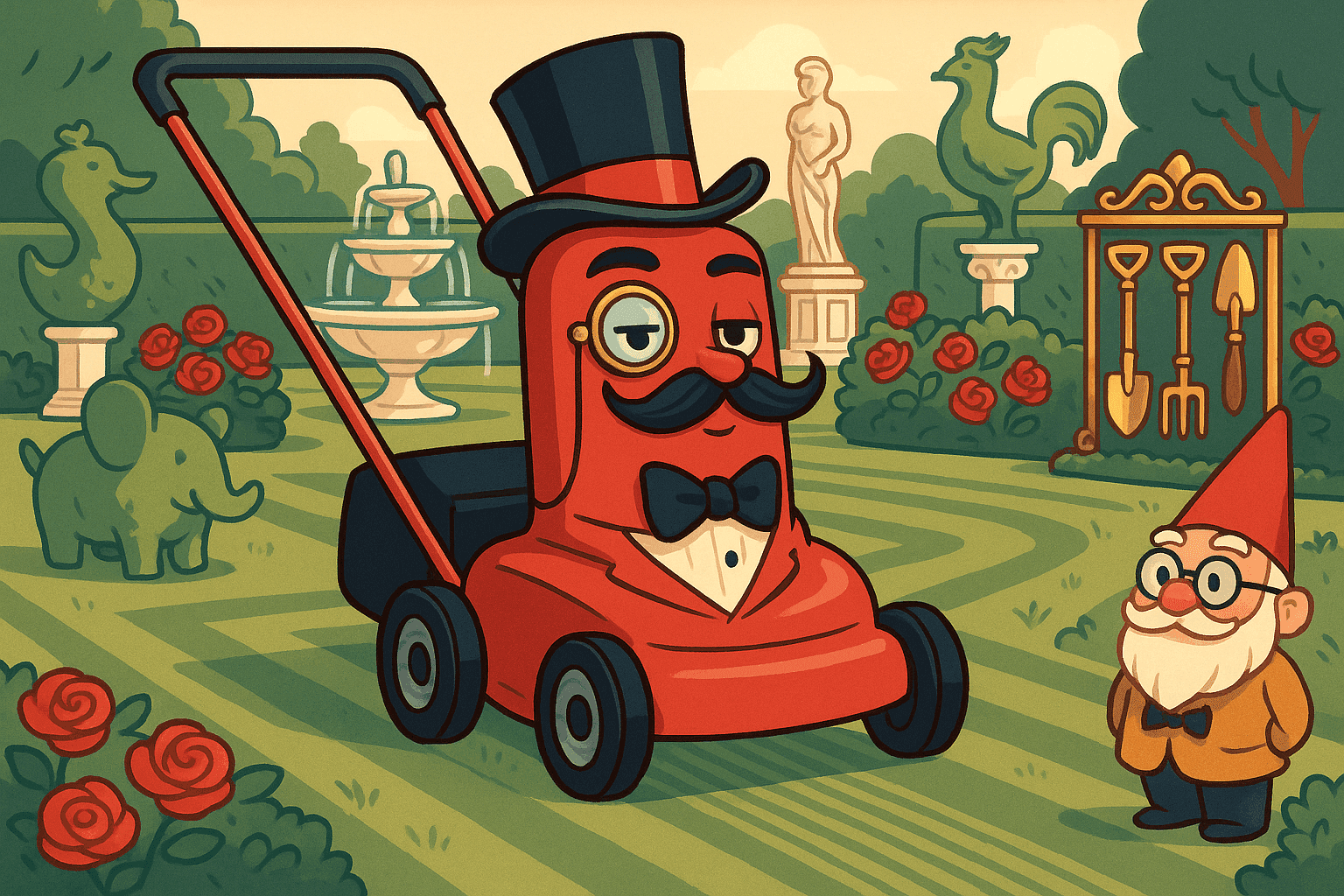 Cartoon illustration of an elegant lawn mower wearing a top hat and monocle, surrounded by fancy decorations and garden tools in a pristine yard