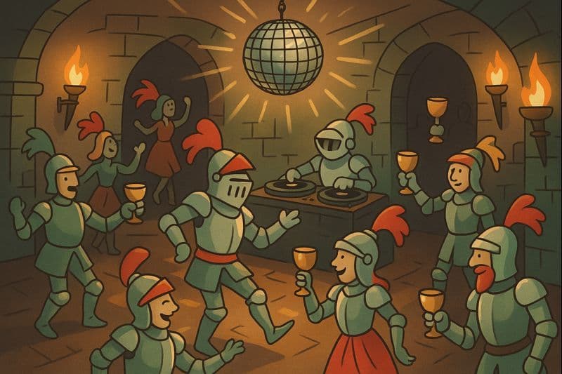 Cartoon knights in armor partying at a medieval nightclub with disco lights