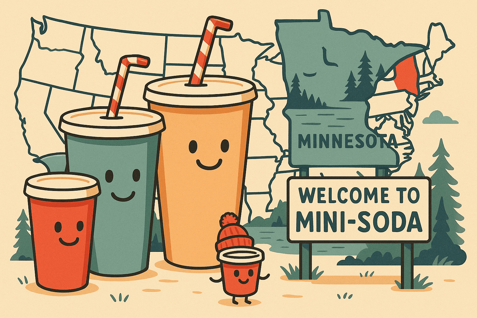 A cartoon map of Minnesota with tiny beverage cups scattered across the state