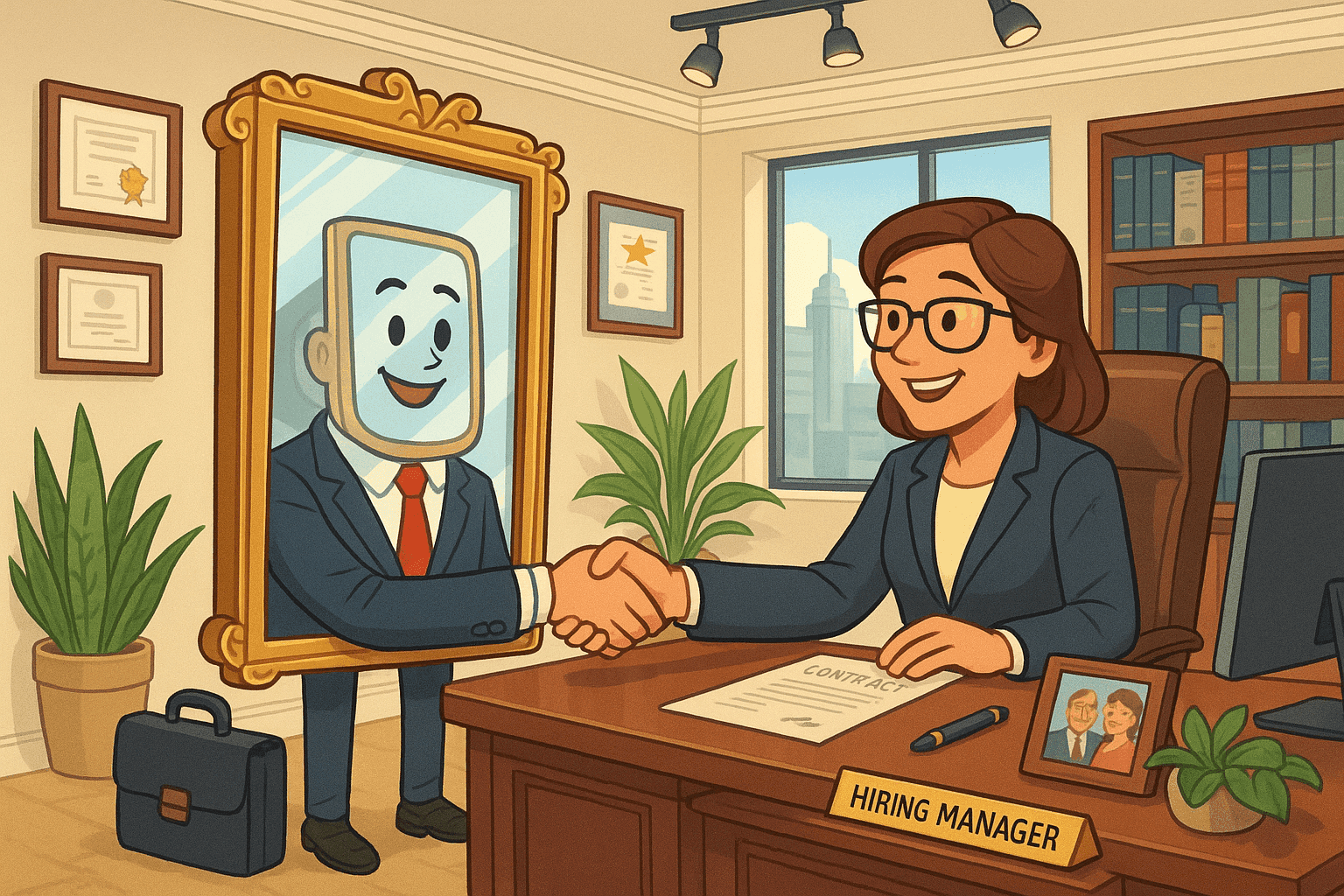 Cartoon illustration of a confident personified mirror in business suit shaking hands with hiring manager in corporate office, framed certificates on wall, desk with nameplate, professional interview setting in cream, dark blue-gray, sage green, yellow, and bright red colors