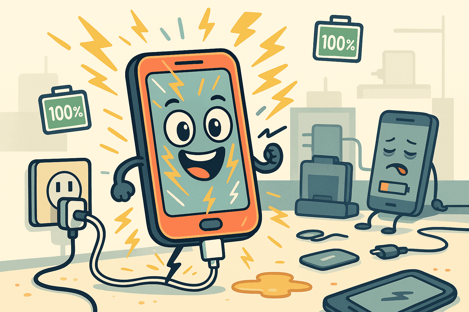 A cartoon smartphone with energetic eyes and a big smile plugged into a charging cable, surrounded by energy bolts and battery icons showing full charge, while looking vibrant and alert in a tech environment