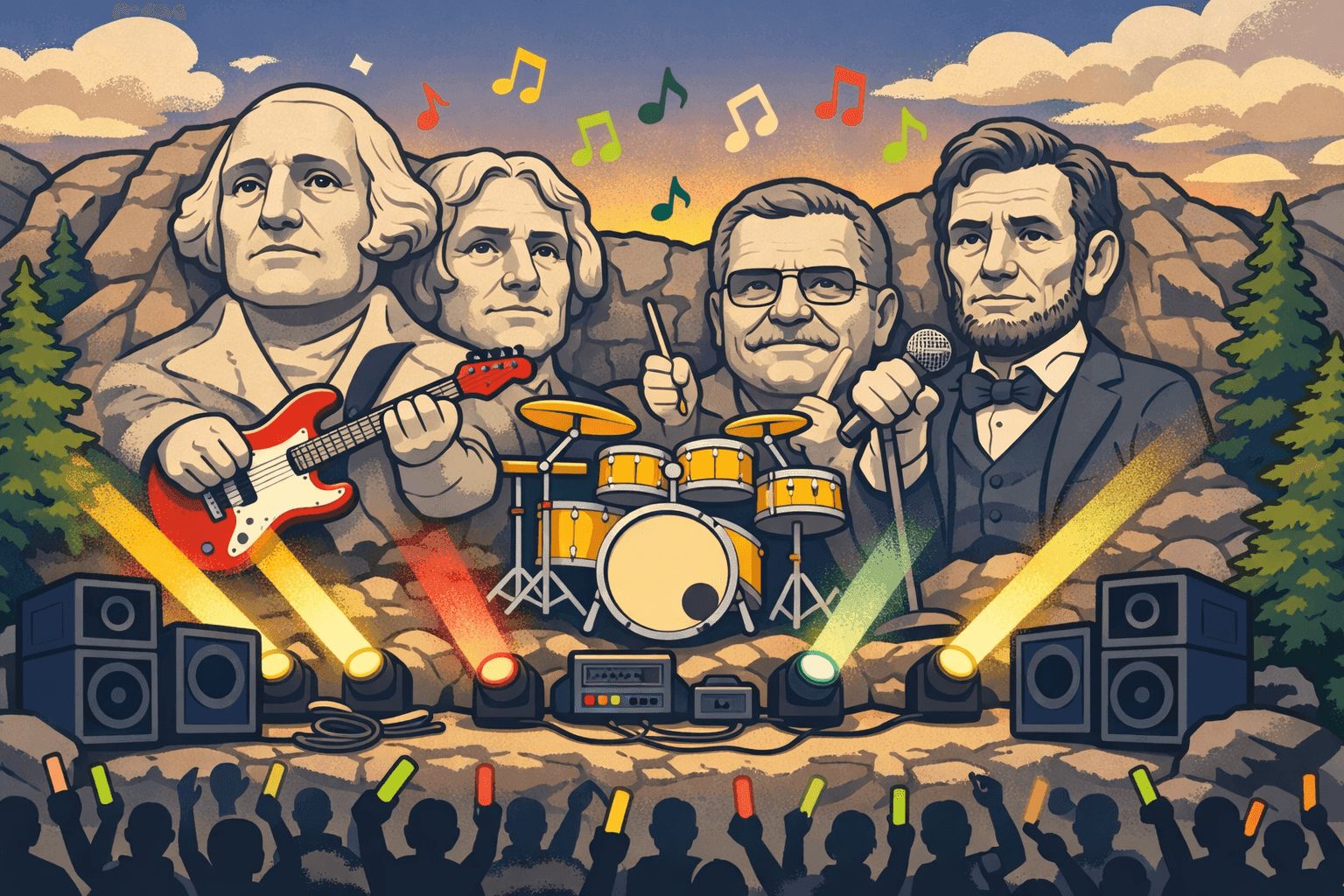 A cartoon Mount Rushmore with the presidents holding musical instruments like a rock band