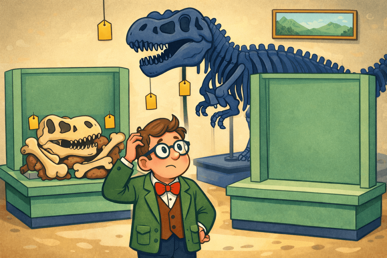 A cartoon museum curator looking at price tags on old and new dinosaur bones