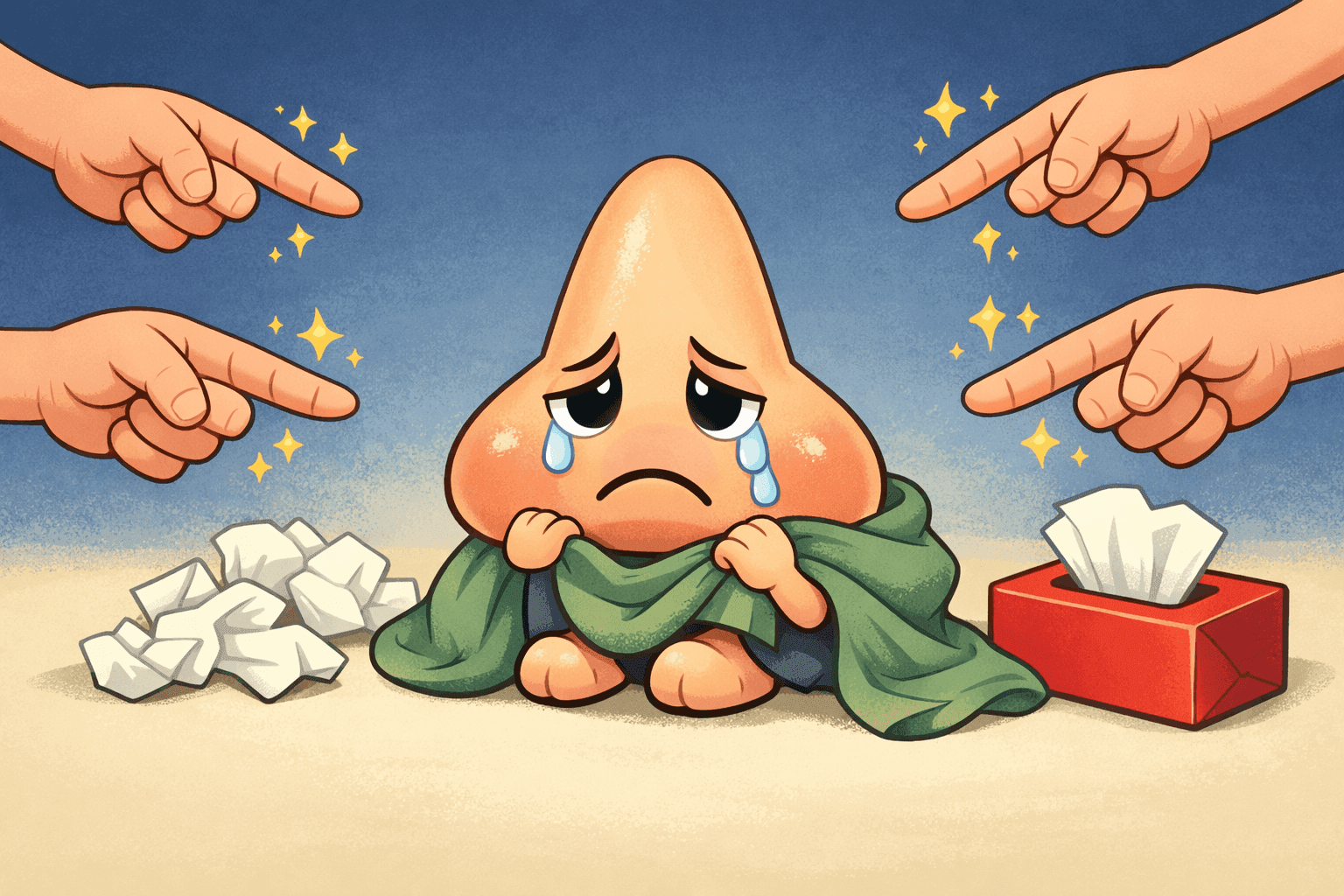 A cartoon sad nose character with a finger approaching it from above