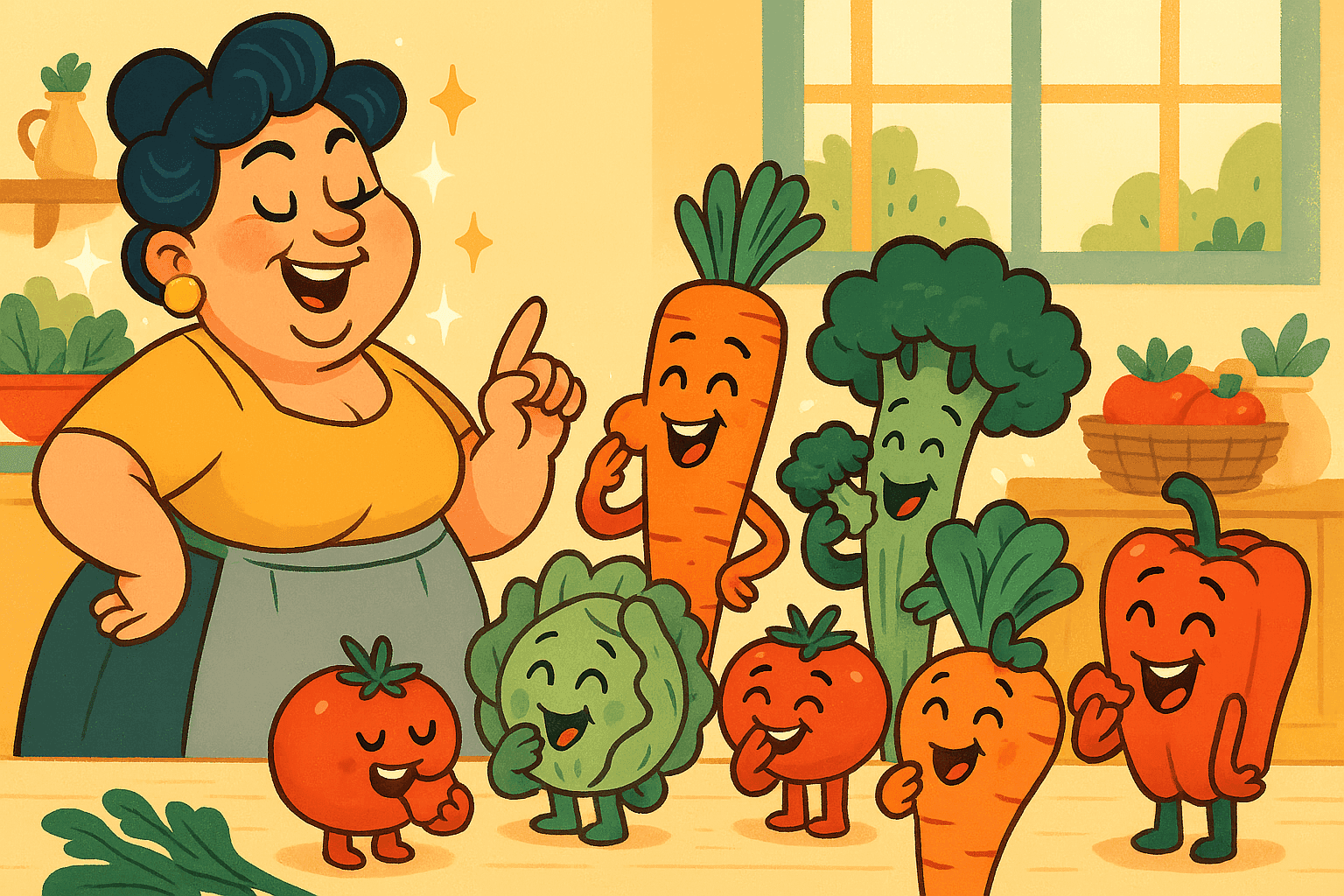 A cartoon mama character with a confident smile talking to anthropomorphic vegetables like carrots, broccoli, and lettuce who are voluntarily taking bites of themselves while looking convinced and happy