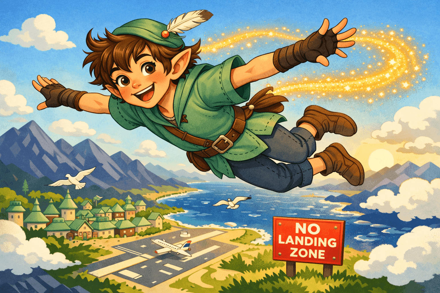 A cartoon Peter Pan character flying through the sky above landmarks