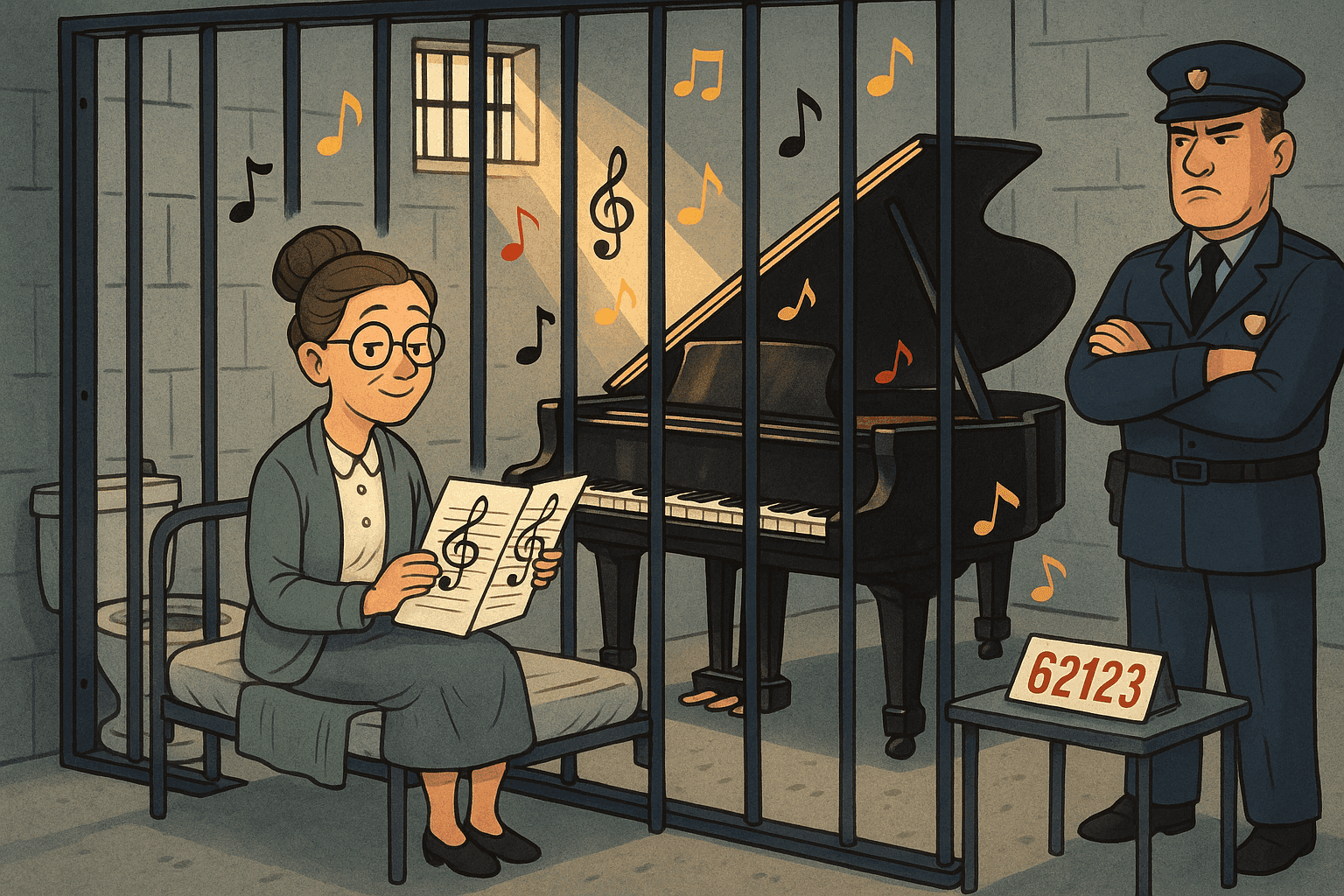 Cartoon illustration of a piano teacher in a jail cell holding sheet music with treble clef symbols visible, grand piano in the cell, prison bars casting shadows, stern guard outside cell, humorous prison setting with musical notes floating around in cream, dark blue-gray, sage green, yellow, and bright red colors