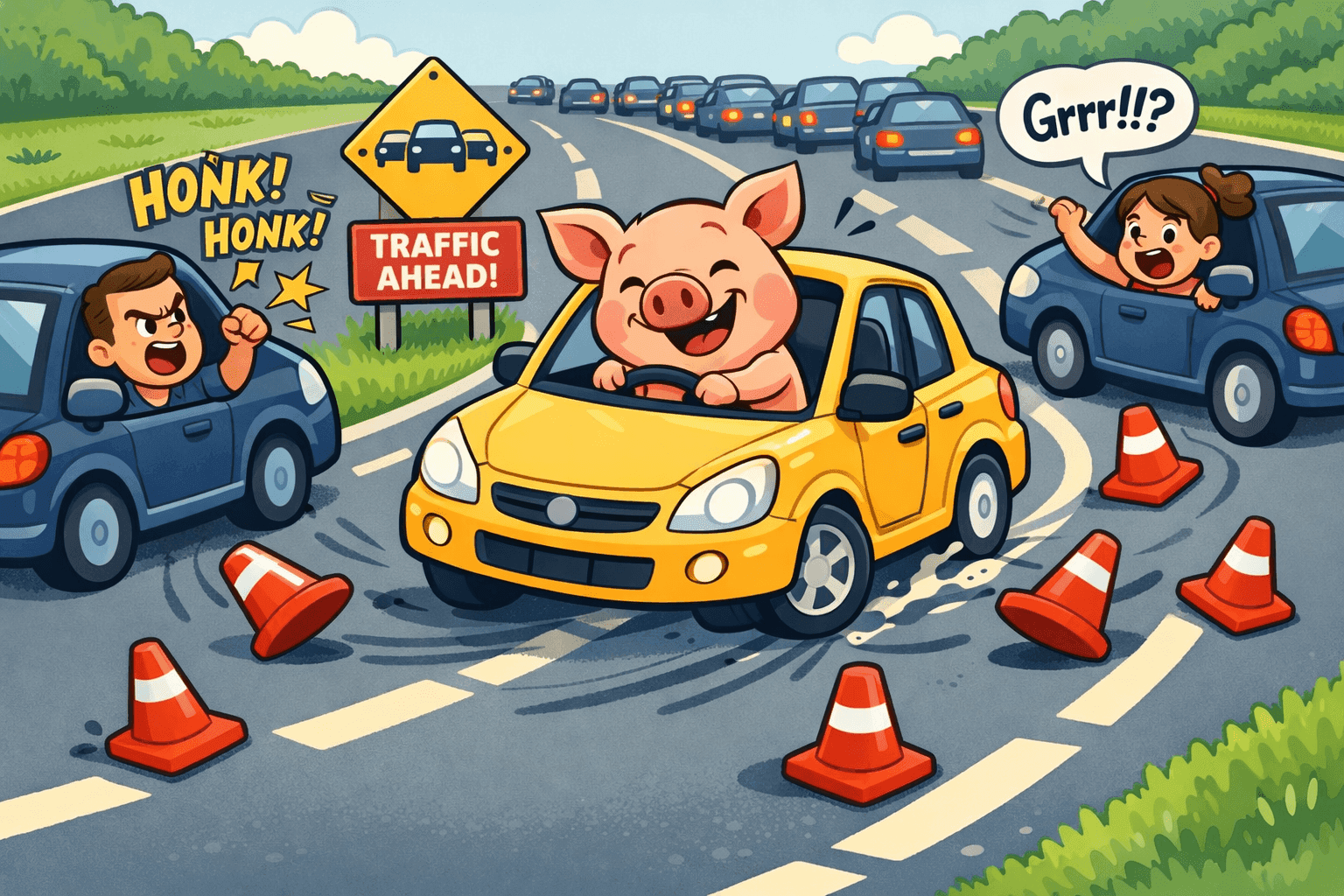 A cartoon pig driving a car taking up multiple lanes
