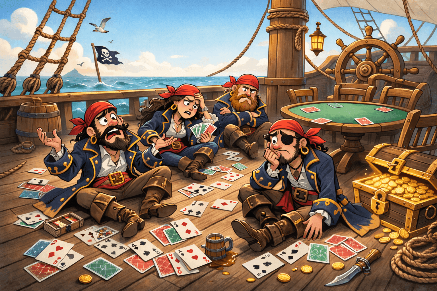 Cartoon pirates sitting on the deck of a ship with cards scattered around