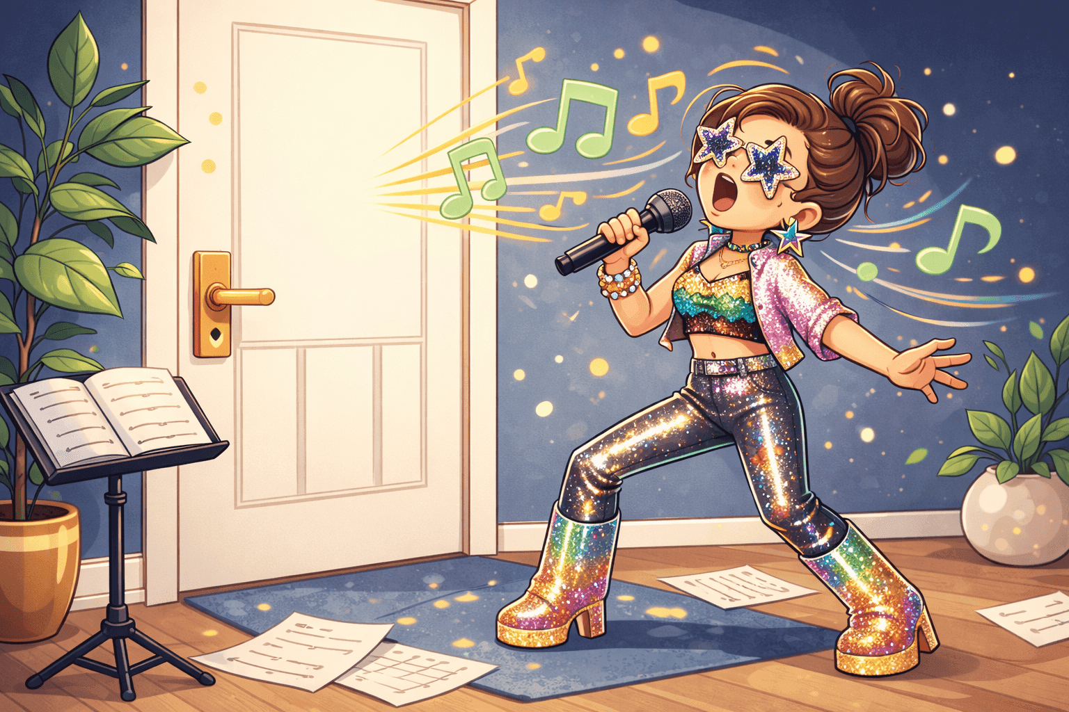 A cartoon pop star singing at a locked door with musical notes becoming keys