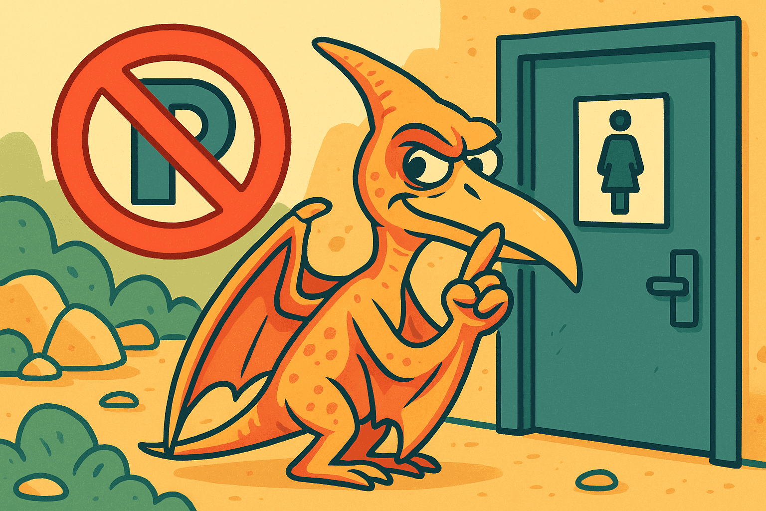 A humorous cartoon illustration of a pterodactyl with a finger to its lips making a shushing gesture, with a bathroom door in the background and a large letter P with a line through it floating nearby