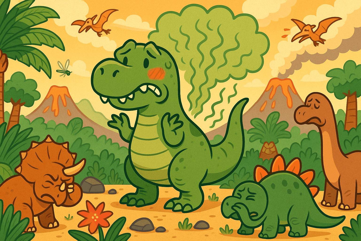 Cartoon illustration of a sheepish-looking T-Rex dinosaur with embarrassed expression in prehistoric landscape, green gas cloud behind it, other dinosaurs covering noses, ancient ferns and volcanoes in background in cream, dark blue-gray, sage green, yellow, and bright red colors