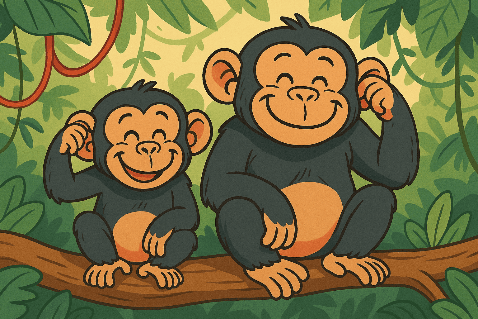A cartoon baby monkey sitting next to its proud parent monkey, both making the same facial expressions and gestures, showing their family resemblance while swinging from jungle vines