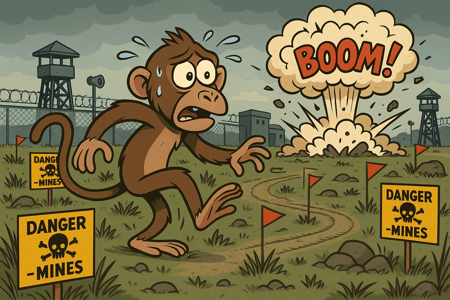Cartoon illustration of a worried monkey carefully tiptoeing through field with warning signs and red flags, explosion cloud in background, military training area setting with fences in cream, dark blue-gray, sage green, yellow, and bright red colors