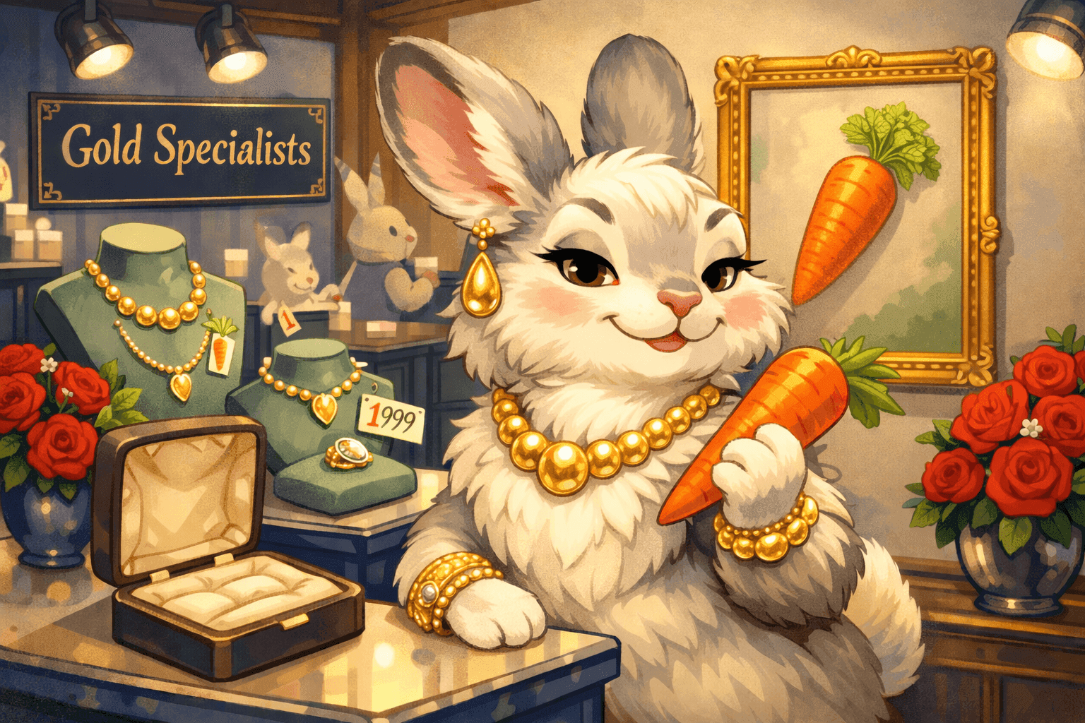 A cartoon rabbit wearing a gold necklace and holding a carrot