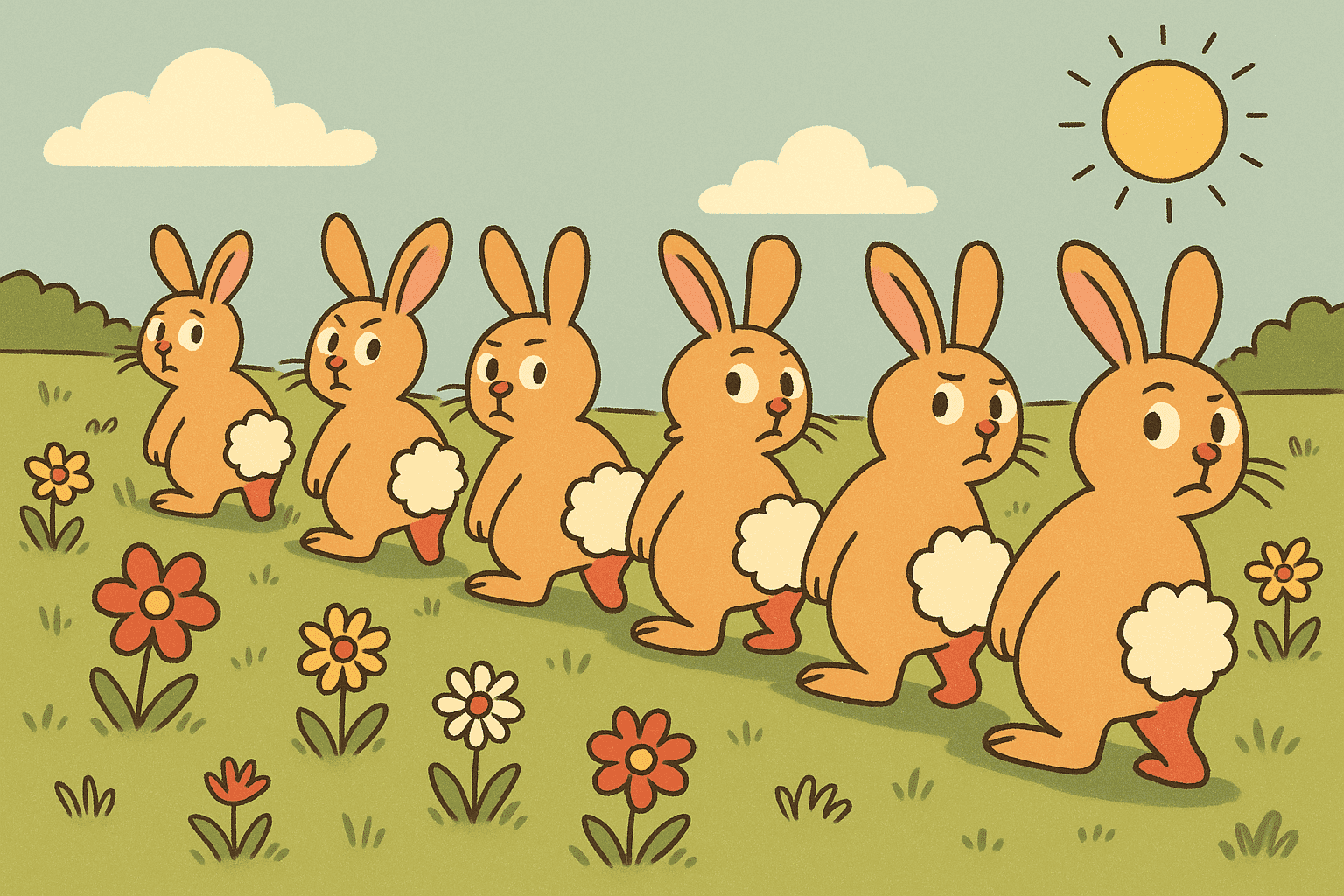 A humorous cartoon illustration of a line of rabbits walking backwards in a row across a grassy field, with their fluffy tails leading the way and confused expressions on their faces