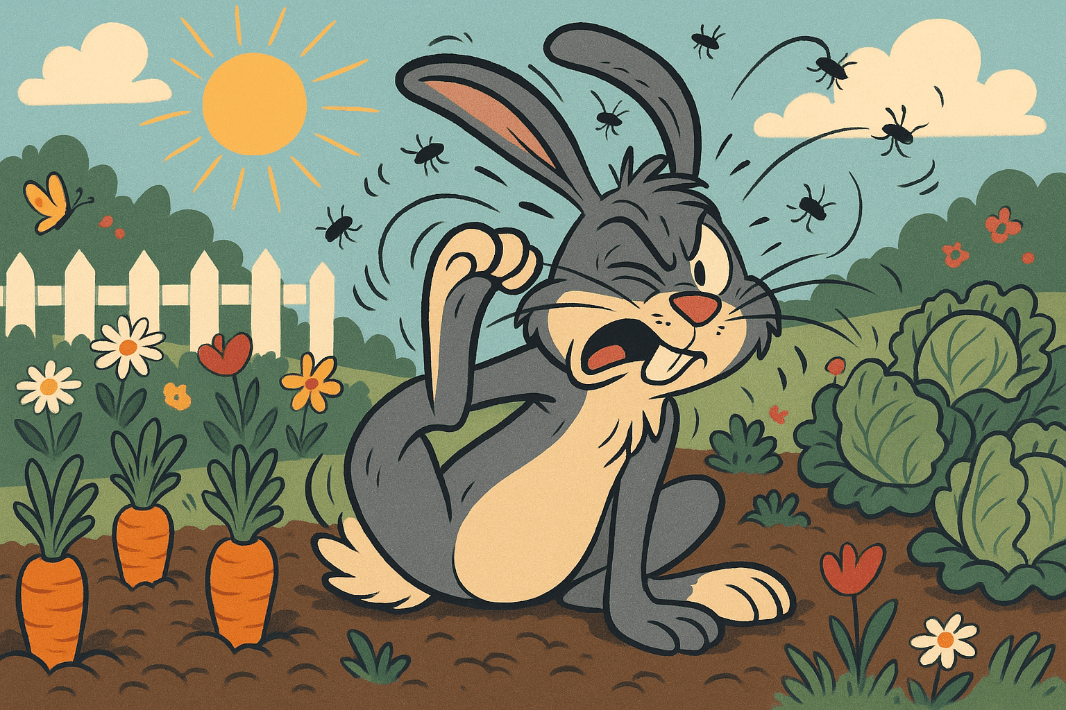 Cartoon illustration of a gray rabbit scratching itself with comically large fleas jumping around, rabbit sitting in a garden with carrots and lettuce, looking annoyed but humorous, sunny outdoor setting with flowers and grass in cream, dark blue-gray, sage green, yellow, and bright red colors