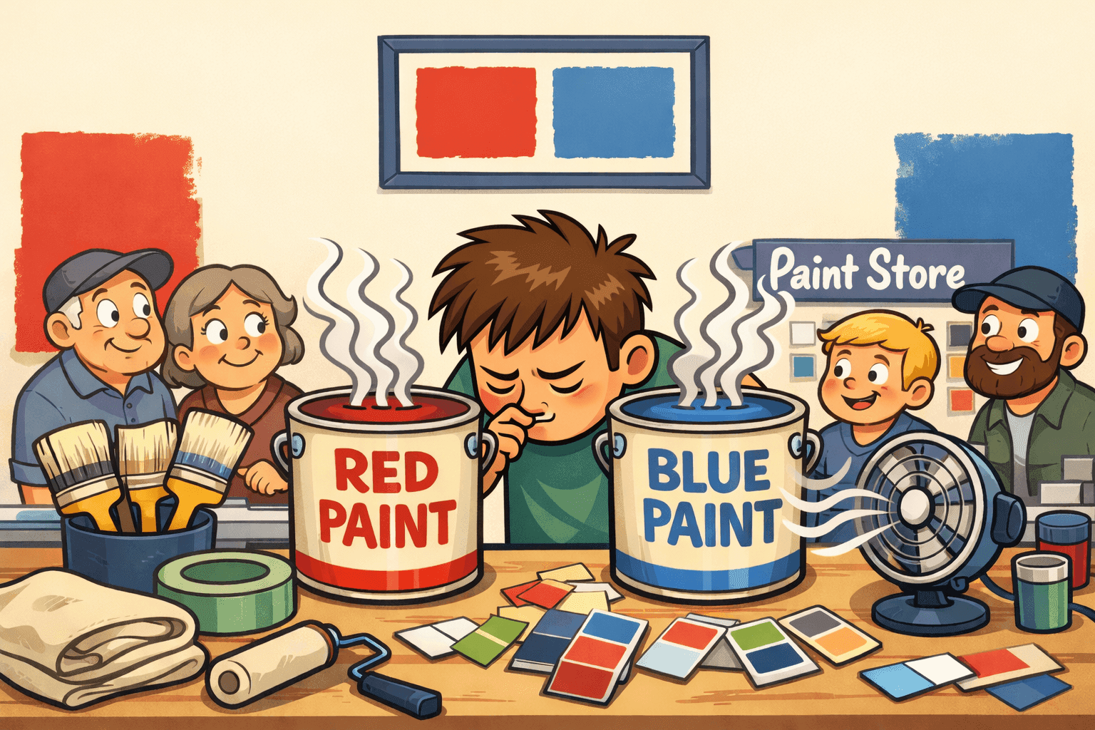 A cartoon person sniffing red and blue paint cans looking confused