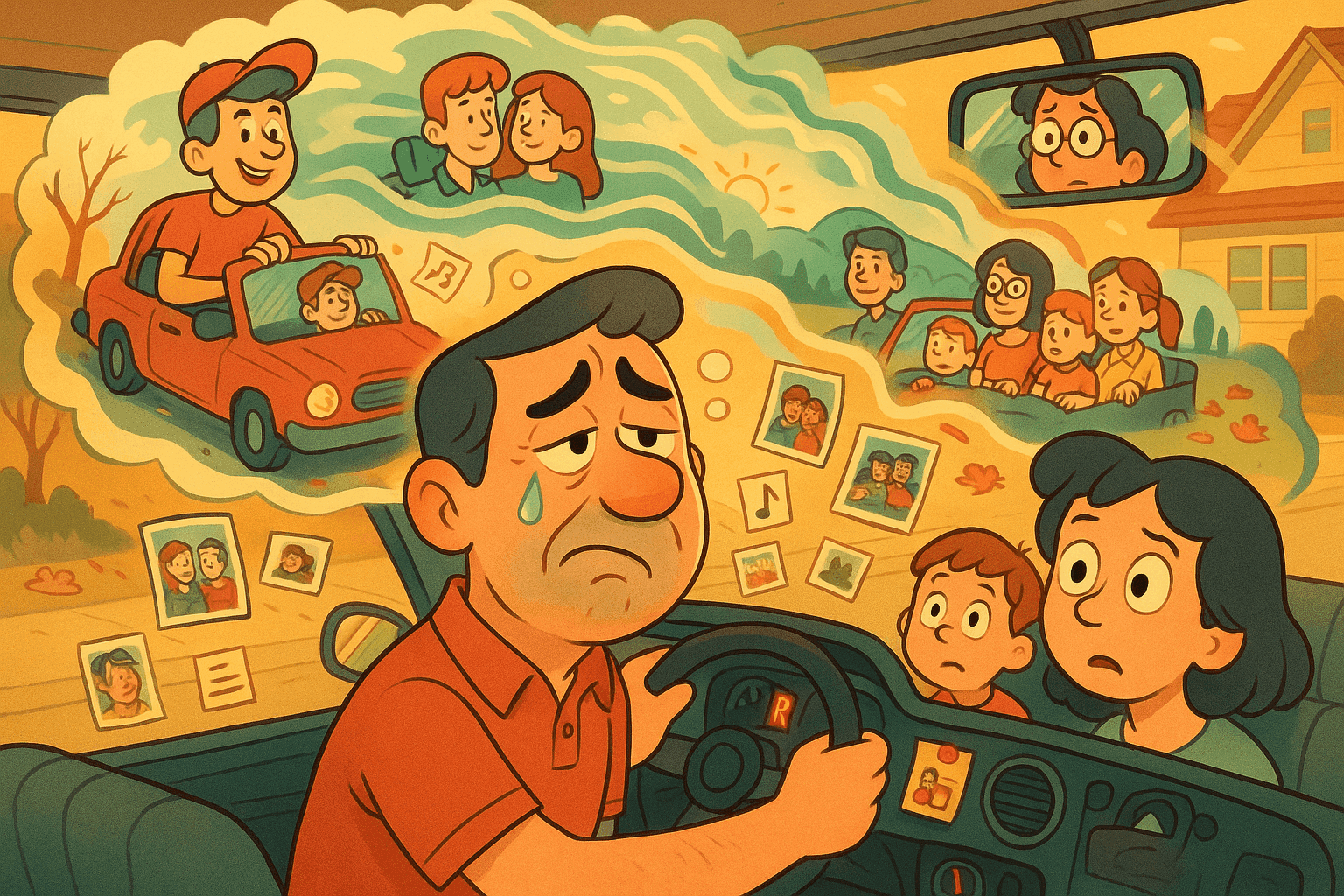 A cartoon dad driving a vintage car backwards with happy memories floating around him