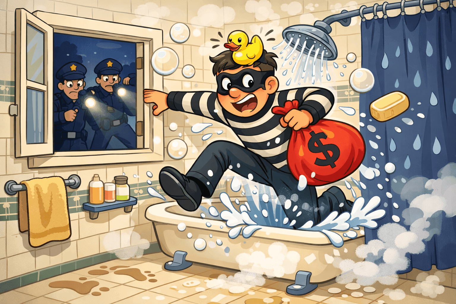 A cartoon robber jumping into a shower with stolen goods while police chase