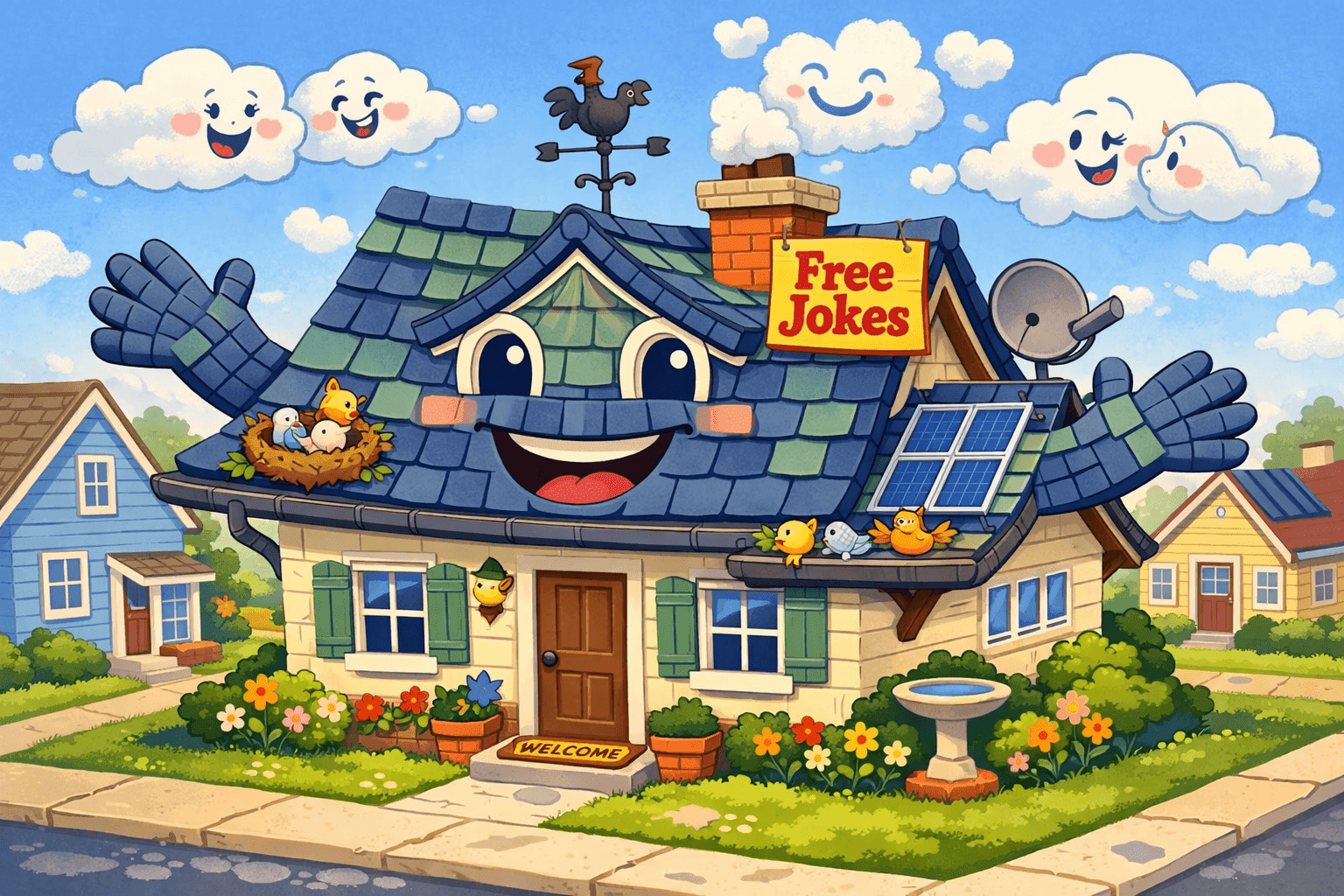 A cartoon house roof with a smiling face offering something free