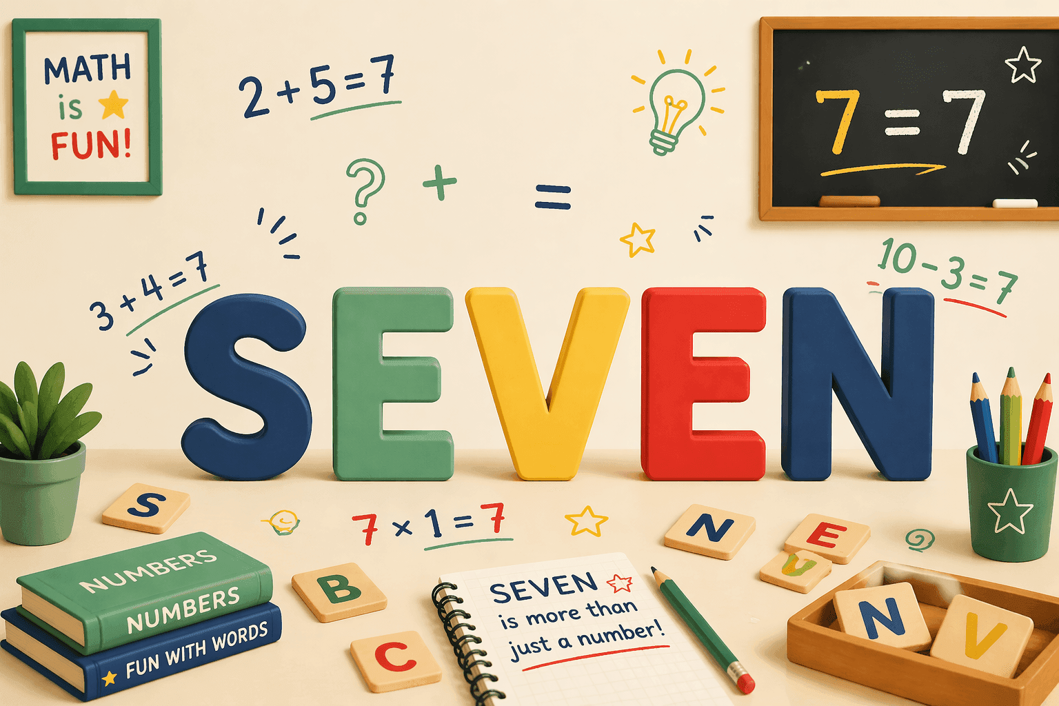 The number seven displayed with letters and mathematical symbols