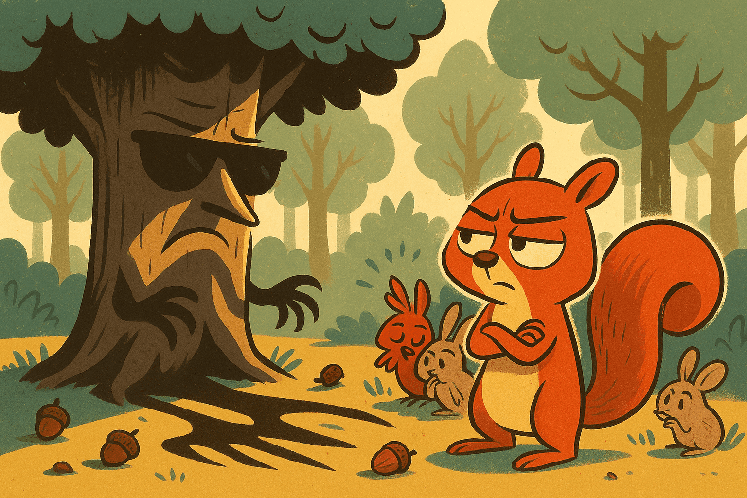 A suspicious cartoon squirrel giving side-eye to a tree casting a dark shadow